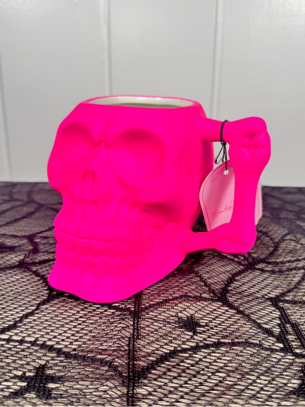 NEW Sunday Morning Hot Pink Skull Halloween Mug